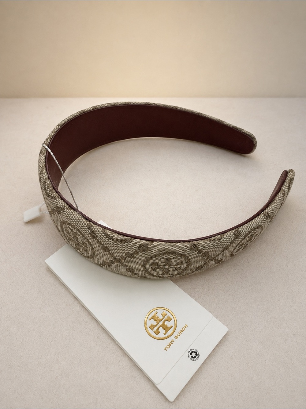 Tory Burch Beige Logo Jacquard Padded Headband with Brown Lining